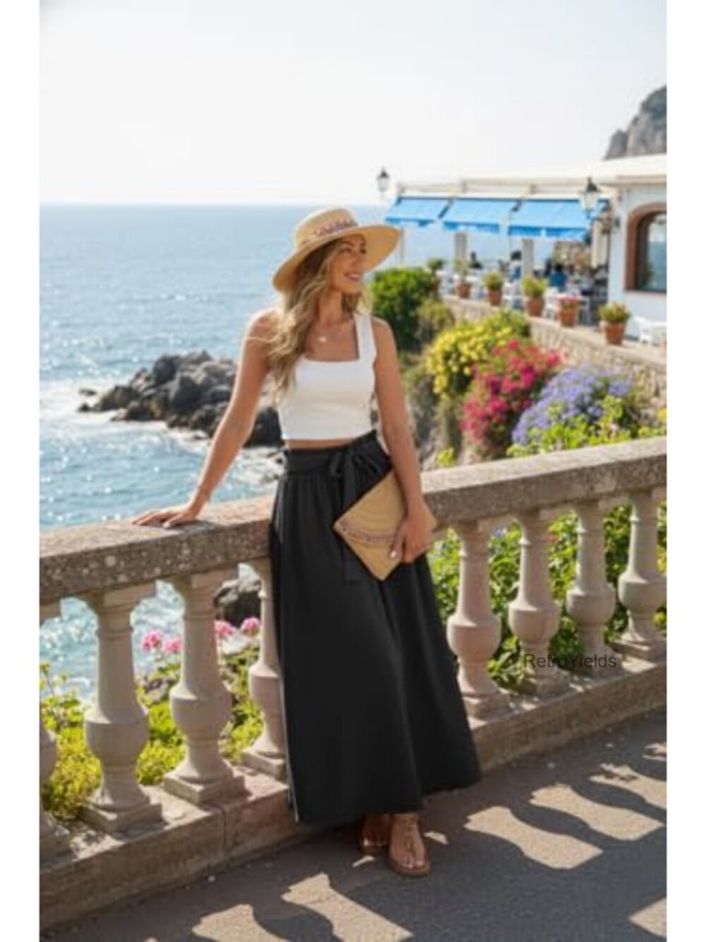 Womens High Waisted Flowy A Line Maxi Skirt with Tie Waist - Picture 3 of 6